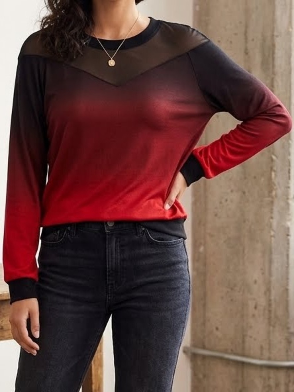 LuLaRoe Lizzy Top Black Red Ombré Crewneck long sleeve Mesh Shoulder medium